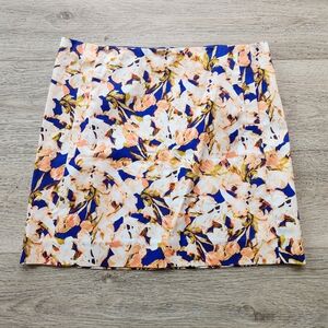 J. Crew Orange Blue Floral Skirt Womens 6 Cotton Business Casual Nwt